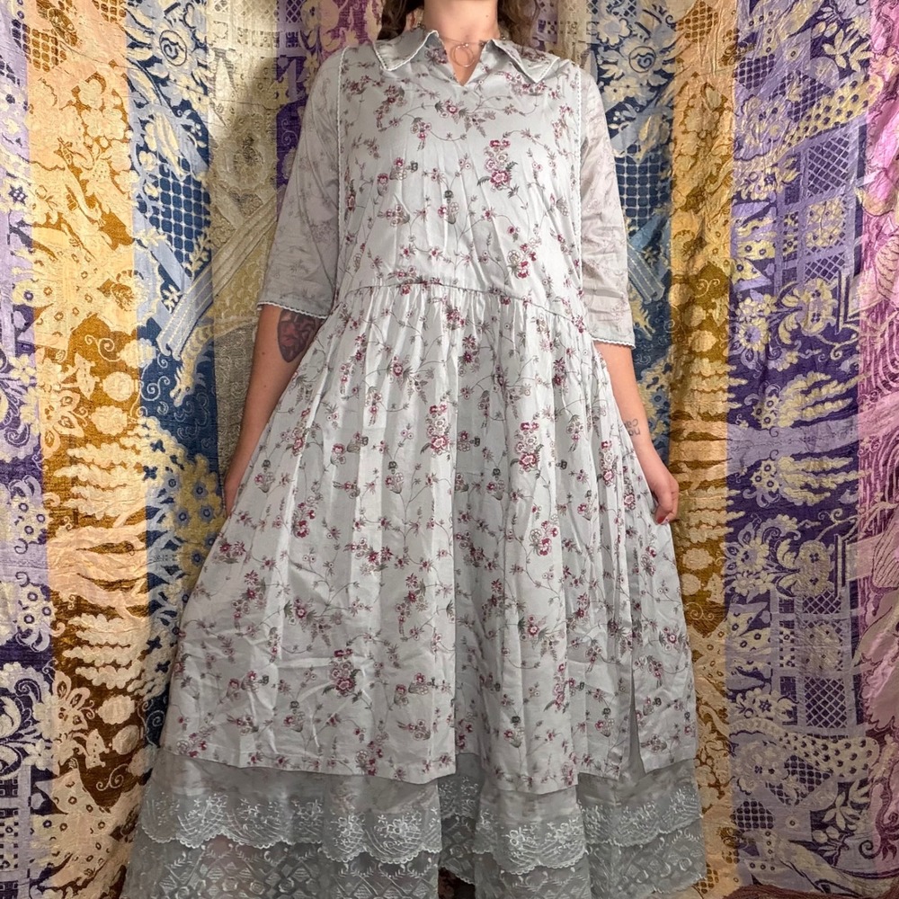 Gray Floral Cottage Granny 3/4 Sleeve Lace Trim Maxi Dress Size L Whimsy Lagen